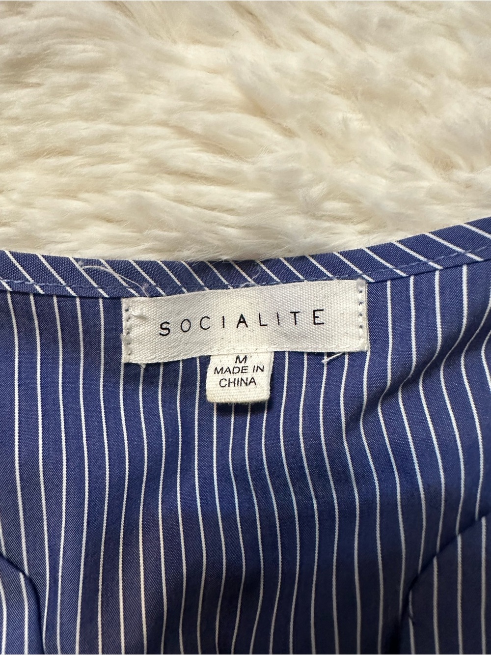 Socialite Blue White Pinstripe Mini Shift Dress Tunic Bell Sleeve Pockets M - Picture 11 of 12